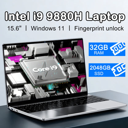 15.6-inch BackupMyFilesNow.com gaming laptop with Intel Core i9, 32GB RAM, 2TB SSD, ultra-slim design, Windows 11, open on desk.