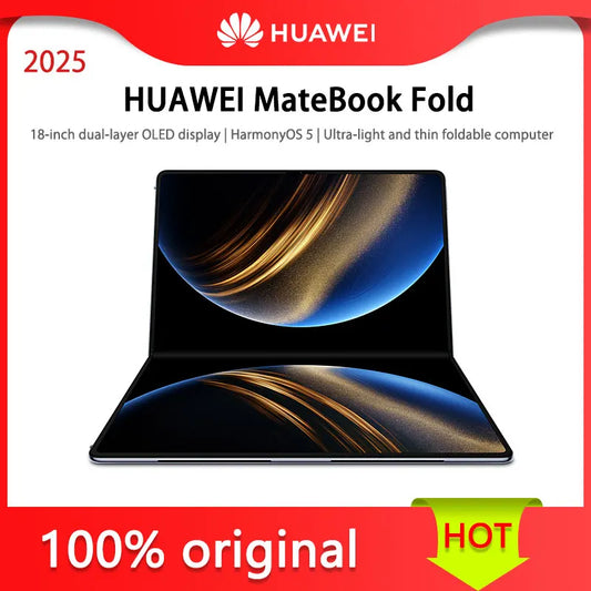 HUAWEI MateBook Fold laptop with 18-inch dual-layer OLED display, ultra-light design, HarmonyOS 5, white folding computer.