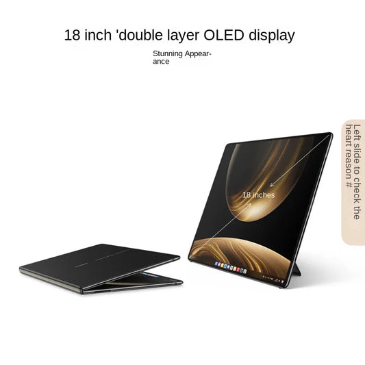 HUAWEI MateBook Fold with 18-inch dual-layer OLED display, ultra-light design, HarmonyOS 5, and a white folding laptop open showing the screen