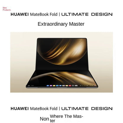 HUAWEI MateBook Fold laptop with 18-inch dual-layer OLED display, ultra-light design, HarmonyOS 5, in white, folded open showing keyboard