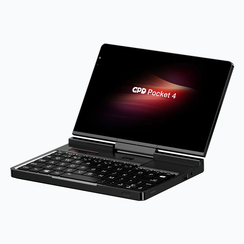 GPD Pocket 4 mini laptop with AMD R7 8840U processor, 8.8-inch 2.5K display, 144Hz refresh rate, compact design.