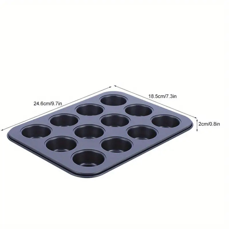 Non-stick 12-cup muffin pan and baking tray by BACKUPMYFILESNOW.COM®, with 35x26x8cm non-stick surface for baking muffins and cupcakes.