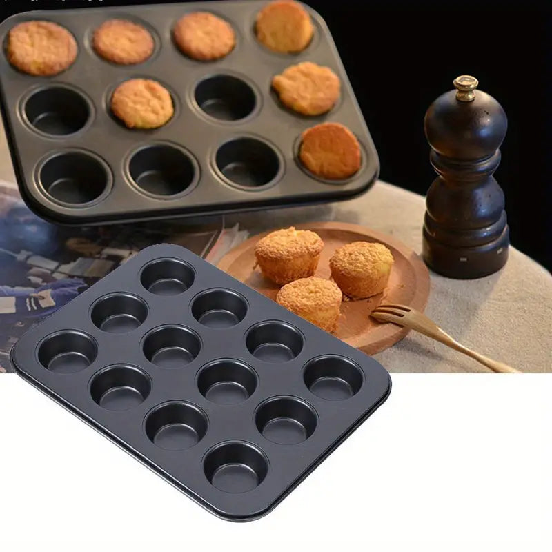 Non-stick 12-cup muffin pan and baking tray by BACKUPMYFILESNOW.COM®, showing a durable, non-stick surface for baking muffins and cupcakes.