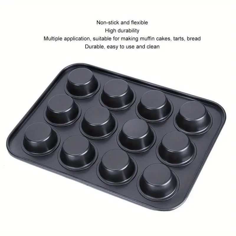 Non-stick 12-cup muffin pan and baking tray from BACKUPMYFILESNOW.COM® with 35x26x5cm dimensions, ideal for baking muffins and cupcakes.