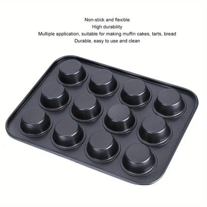 Non-stick 12-cup muffin pan and baking tray from BACKUPMYFILESNOW.COM® with 35x26x5cm dimensions, ideal for baking muffins and cupcakes.