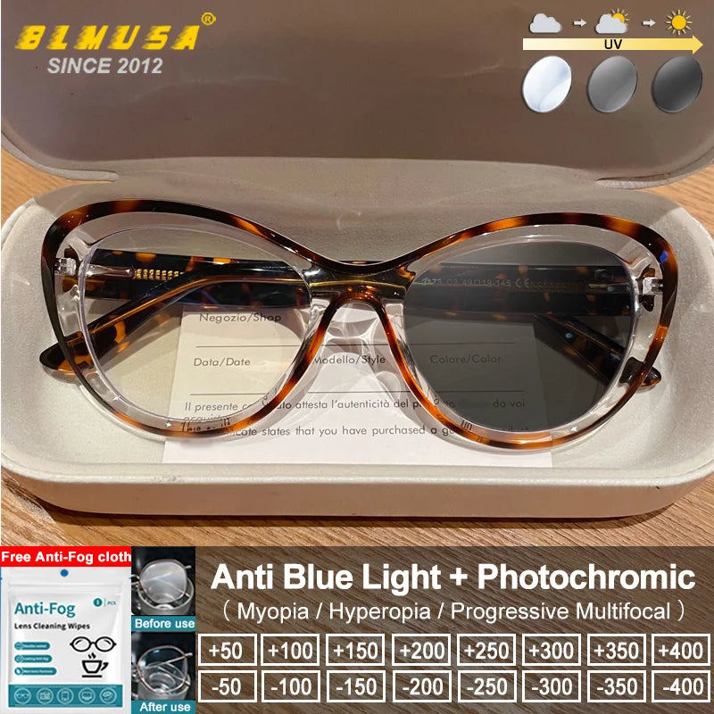 Trendy women's cat eye photochromic glasses with small frame, blue light blocking prescription reading eyeglasses by BLMUSA