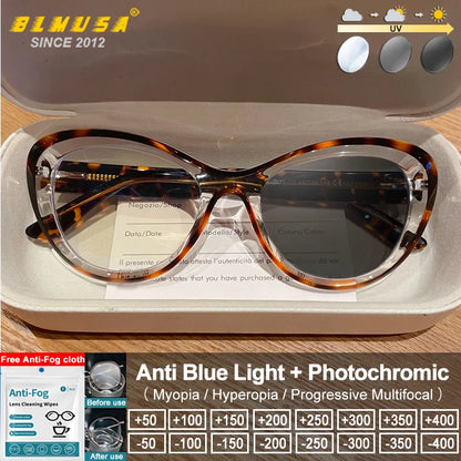 Trendy women's cat eye photochromic glasses with small frame, blue light blocking prescription reading eyeglasses by BLMUSA