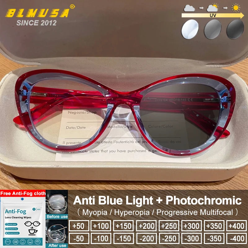 Blue light blocking cat eye design prescription glasses for women with small frame, photochromic lenses, by BLMUSA.