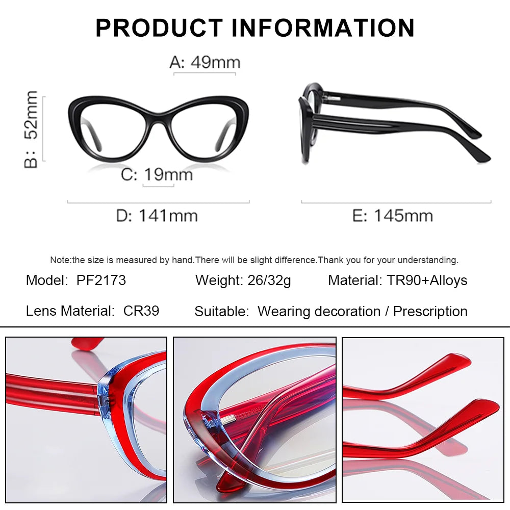 Blue light blocking prescription reading glasses with trendy cat eye design, small frame, photochromic lenses for women.