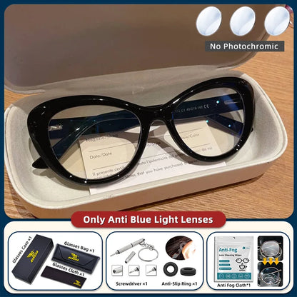 Blue light blocking women's cat eye glasses with photochromic lenses, small frame, trendy style, prescription reading eyeglasses.