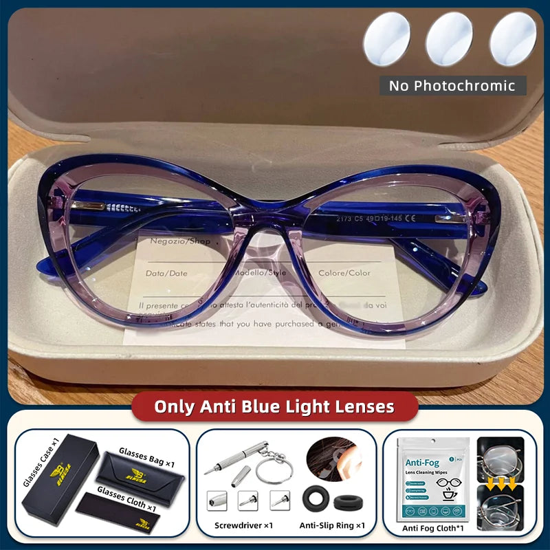 Blue light blocking prescription reading glasses with trendy cat eye design, small frame, photochromic lenses for women.
