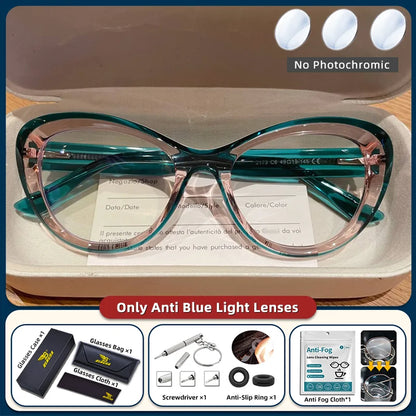 Blue light blocking prescription eyeglasses with cat eye design, small frame, photochromic lenses for women, trendy style.