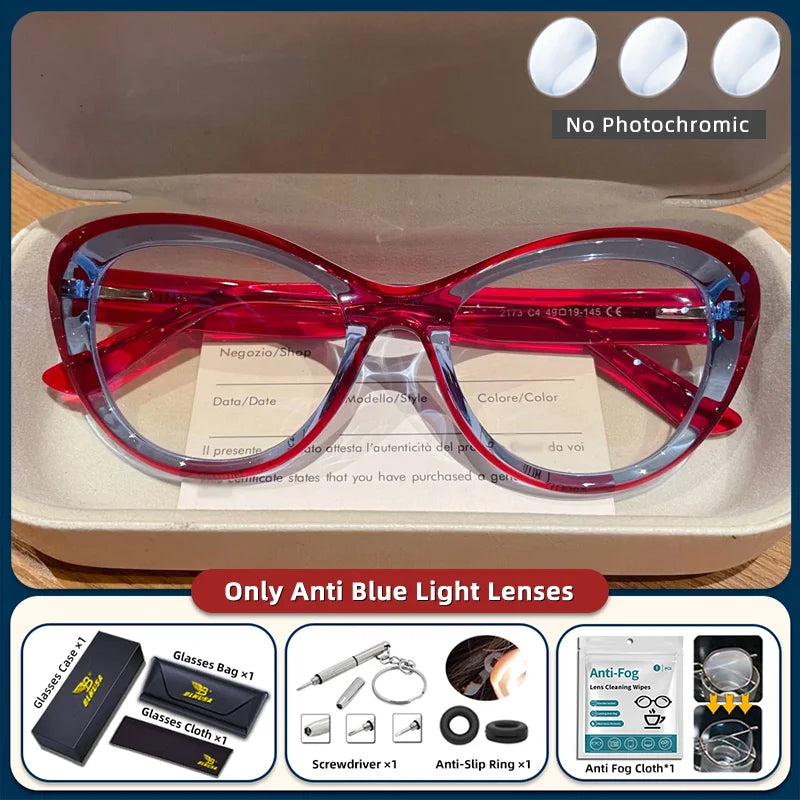Women's cat eye design photochromic glasses with small frame, blue light blocking, prescription reading glasses by BLMUSA.