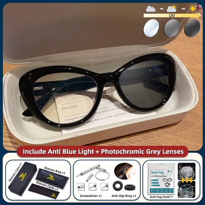 Blue light blocking cat eye prescription glasses for women with small frames, photochromic lenses, trendy style from BLMUSA.