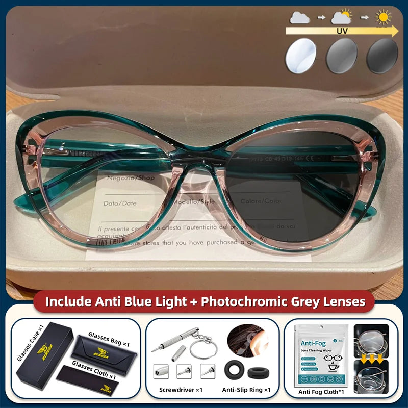 Women’s cat eye photochromic glasses with small frame, blue light blocking prescription reading glasses in trendy style.