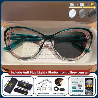 Women’s cat eye photochromic glasses with small frame, blue light blocking prescription reading glasses in trendy style.