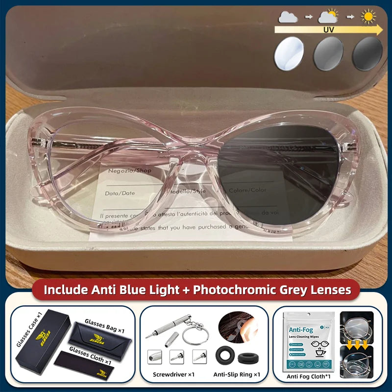 Blue light blocking women's cat eye prescription glasses with small frame, photochromic lenses, trendy style, from BLMUSA.