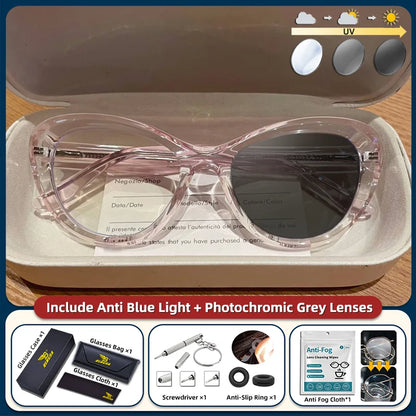 Blue light blocking women's cat eye prescription glasses with small frame, photochromic lenses, trendy style, from BLMUSA.