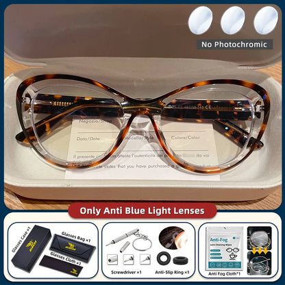 Blue light blocking prescription reading glasses with cat eye design, small frame, photochromic lenses for women.
