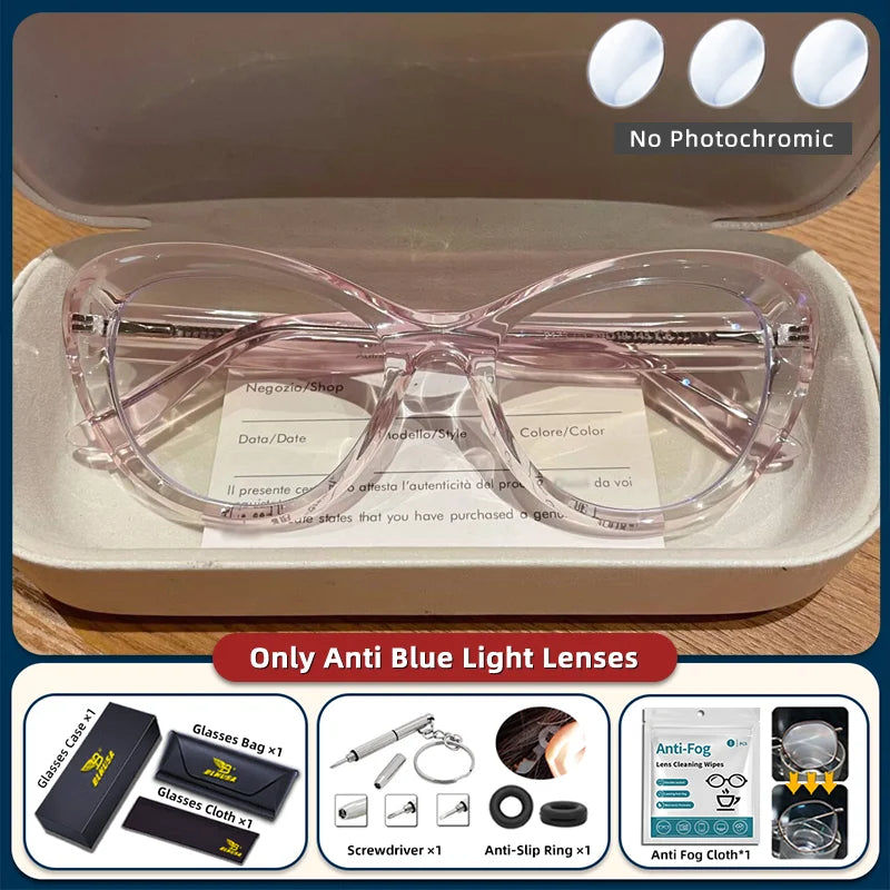 Blue light blocking prescription reading glasses with a trendy women's cat eye design and small frame, photochromic lenses.