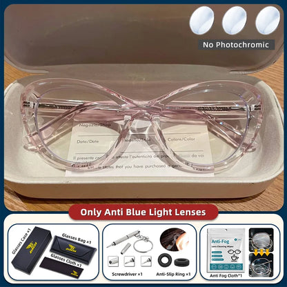 Blue light blocking prescription reading glasses with a trendy women's cat eye design and small frame, photochromic lenses.