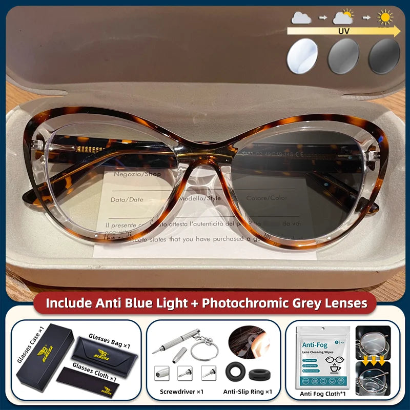 Blue light blocking cat eye glasses for women with small frame, photochromic lenses, trendy style, prescription reading glasses.
