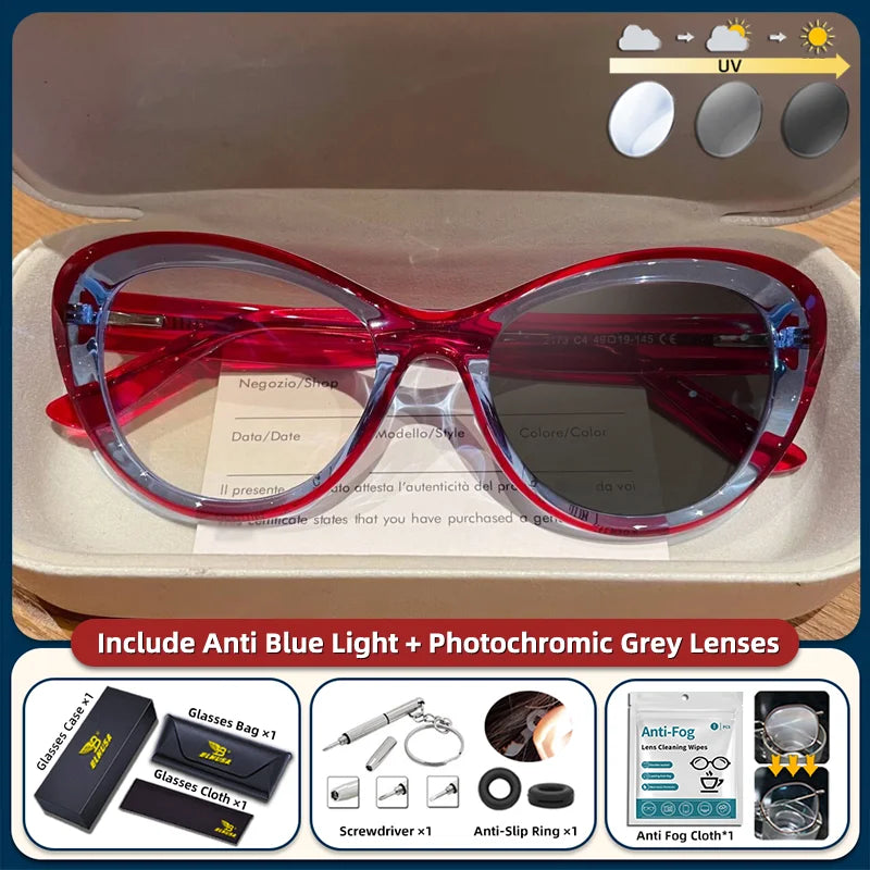 Blue light blocking prescription reading glasses with trendy cat eye design, small frame, photochromic lenses for women.
