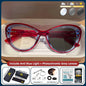 Blue light blocking prescription reading glasses with trendy cat eye design, small frame, photochromic lenses for women.