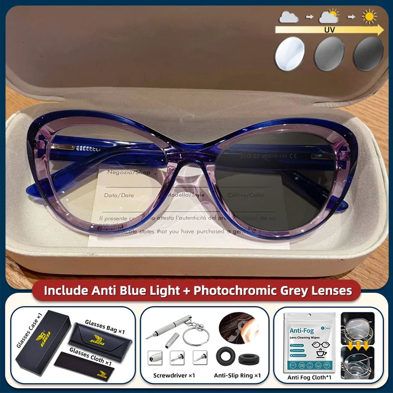 Blue light blocking women's cat eye photochromic glasses with small frame and prescription reading lenses, trendy BLMUSA style.