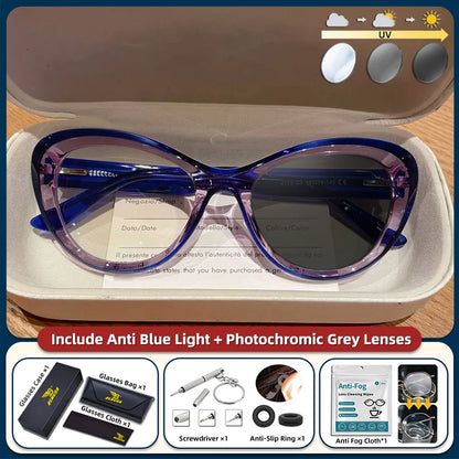 Blue light blocking women's cat eye photochromic glasses with small frame and prescription reading lenses, trendy BLMUSA style.