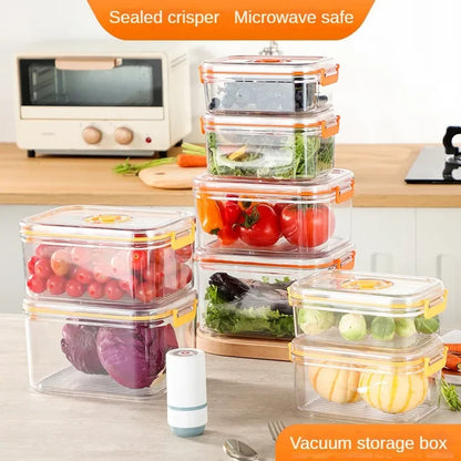 Transparent vacuum fresh-keeping storage canister by BackupMyFilesNow.com, microwave-safe, used for fridge organization and food storage.