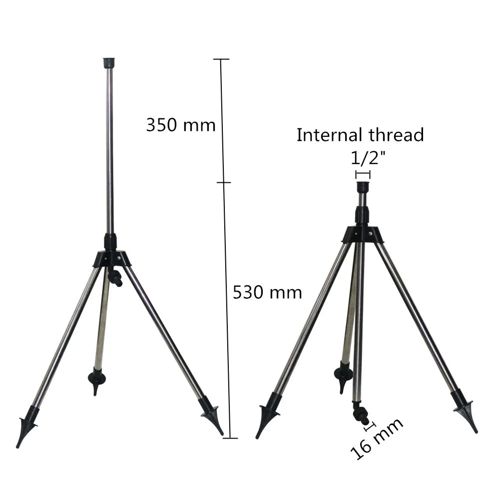 Stainless steel G1/2" adjustable irrigation tripod sprinkler for garden watering, with nozzle and tripod stand.