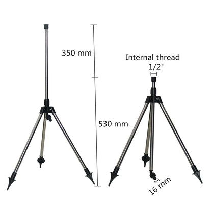 Stainless steel G1/2" adjustable irrigation tripod sprinkler for garden watering, with nozzle and tripod stand.