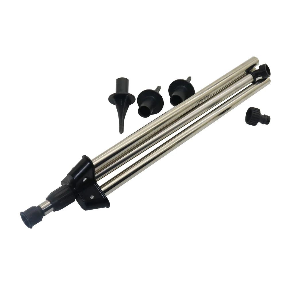 Stainless steel G1/2" adjustable irrigation tripod sprinkler for garden watering, with nozzle and adjustable spray pattern.