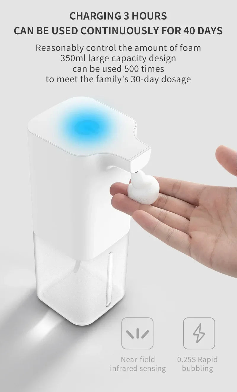 Automatic soap dispenser with infrared sensor, USB rechargeable foam hand sanitizer for kitchen and bathroom use.