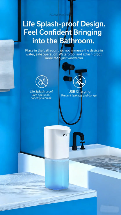 Automatic soap dispenser with infrared sensor, USB rechargeable, foam hand sanitizer for kitchen and bathroom use.