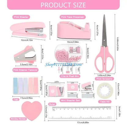 G88D office supplies set including sticky notes, stapler, scissors, clear tape, and ruler, in a compact, organized arrangement