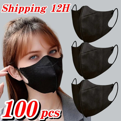 Black 3D disposable protective masks, 100-pack for outdoor, home, commuting, office, and school use, unisex and high quality.