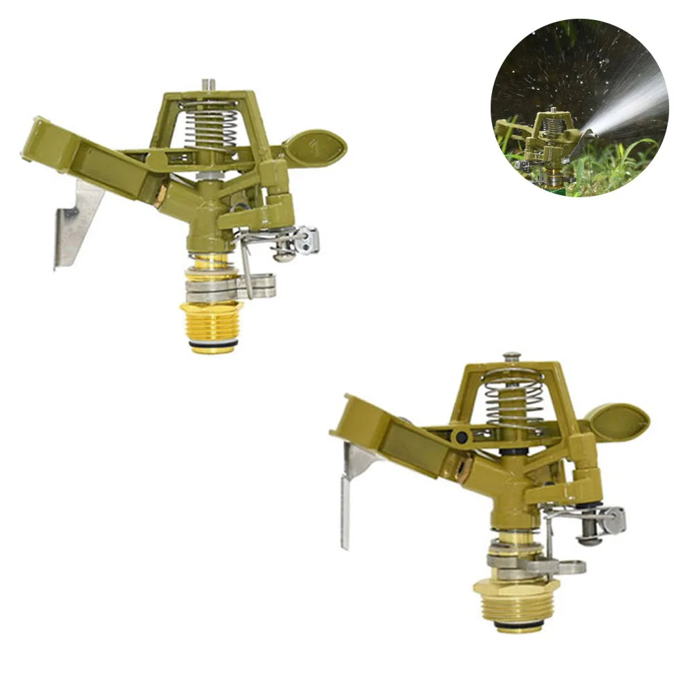 Metal pulsating lawn sprinkler with 360-degree rocker arm for garden irrigation, suitable for 1/2 and 3/4 inch hoses.