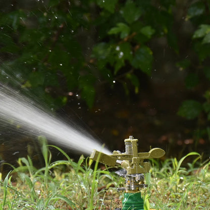 Metal pulsating sprinkler with 360-degree rocker arm, suitable for garden irrigation and lawn watering systems.