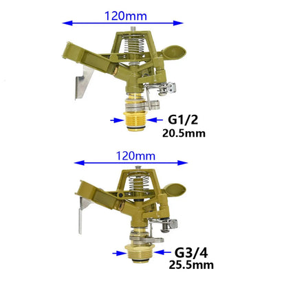 Metal pulsating lawn sprinkler with 360-degree rocker arm, suitable for garden irrigation, 1/2 to 3/4 inch size.