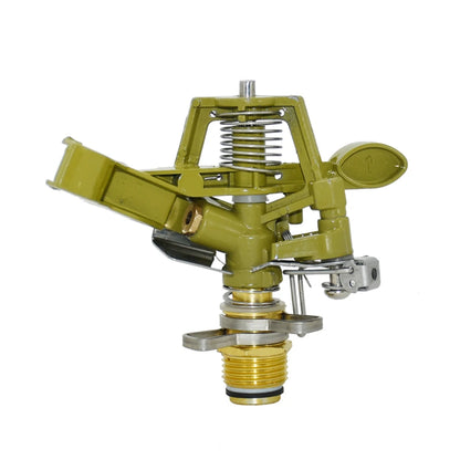 Metal pulsating lawn sprinkler with 360-degree rocker arm, suitable for garden irrigation and lawn watering systems.