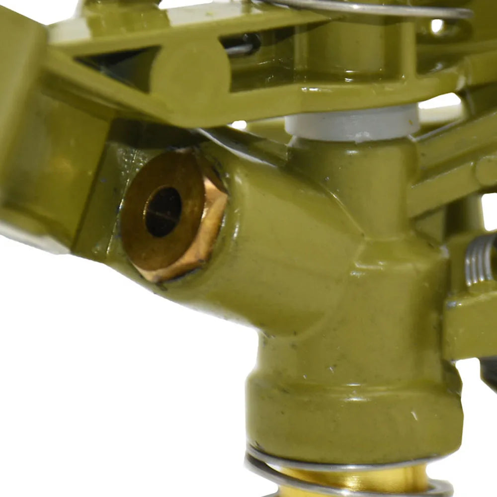 Metal pulsating lawn sprinkler with 360-degree rocker arm, suitable for garden irrigation, 1/2 to 3/4 inch size.