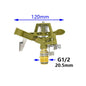 Metal pulsating lawn sprinkler with 360-degree rocker arm, 1/2 to 3/4 inch size, for garden irrigation and watering systems.