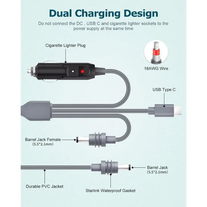 3-in-1 Starlink Mini Cable by BACKUPMYFILESNOW.COM for 100W USB-C, car charger, and DC-to-DC power connections.