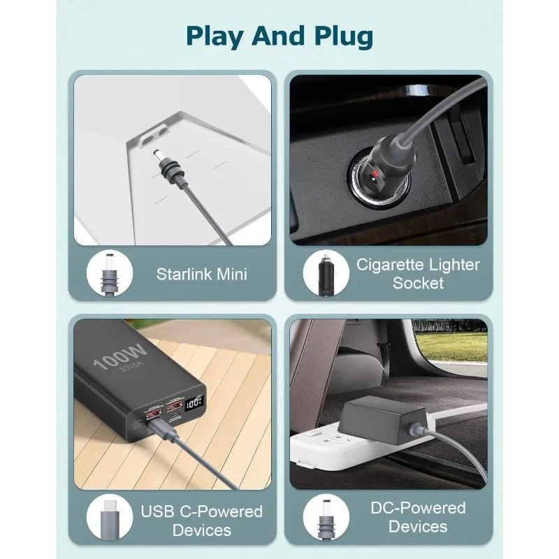 3-in-1 Starlink Mini Cable by BACKUPMYFILESNOW.COM® showing USB-C, car charger, and DC-to-DC power cable for versatile device charging