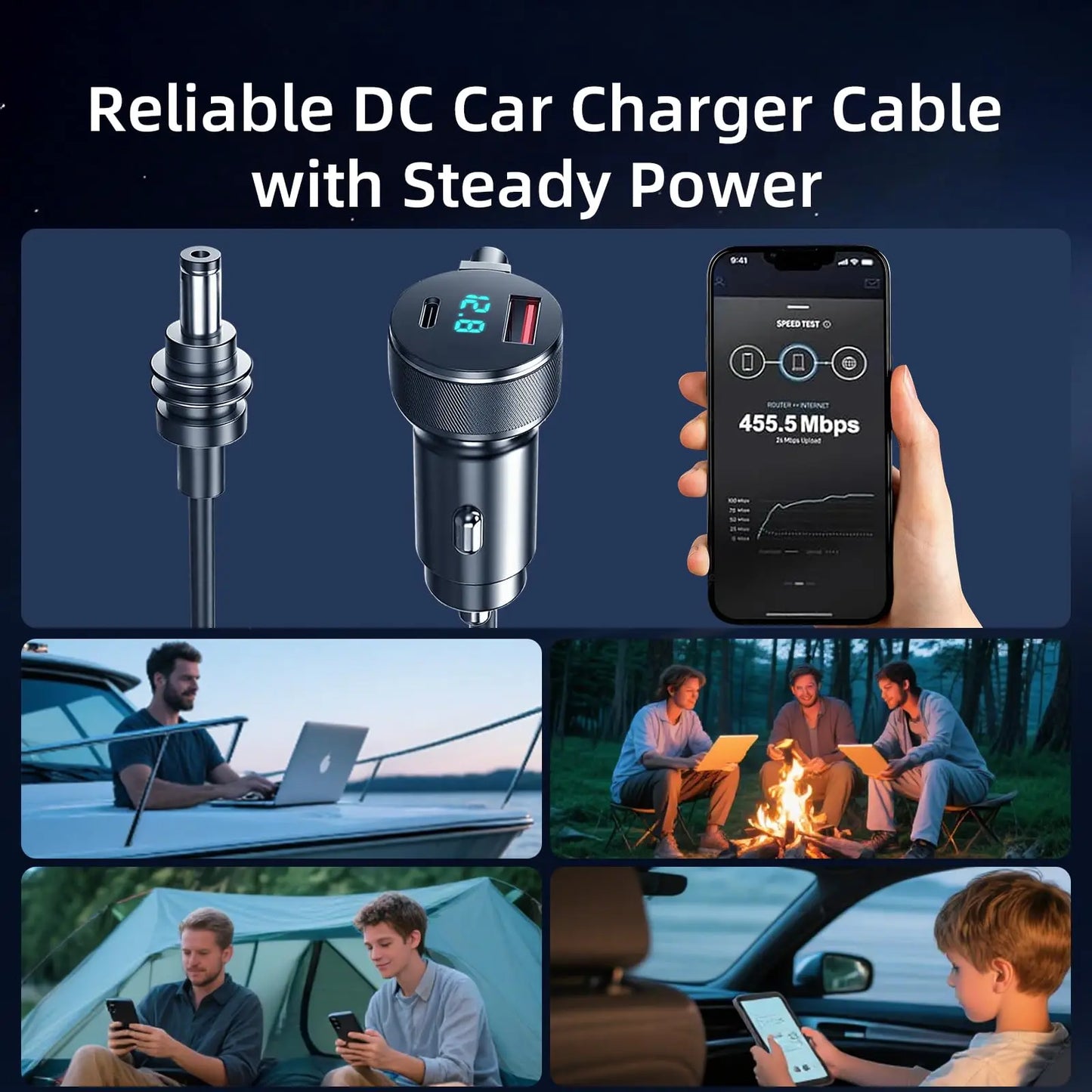 3-in-1 Starlink Mini Cable by BACKUPMYFILESNOW.COM® with USB C and USB A ports, waterproof car charger cable for 12-24V vehicles.