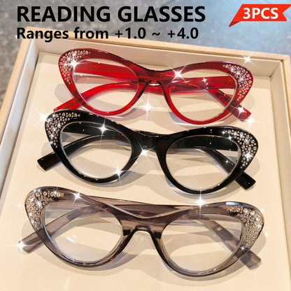 Set of three elegant rhinestone cat eye reading glasses for women and men with full rim frames and high-definition lenses.