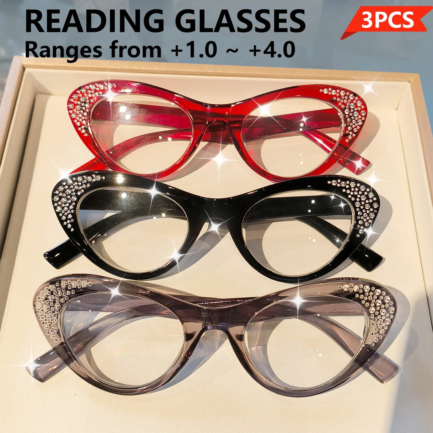 Set of three elegant rhinestone cat eye reading glasses for women and men with full rim design and high-definition lenses.