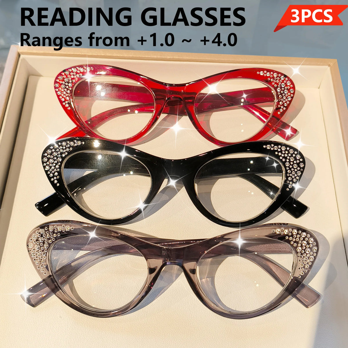 Set of three elegant rhinestone cat eye reading glasses for women and men with full rim design and high-definition lenses.